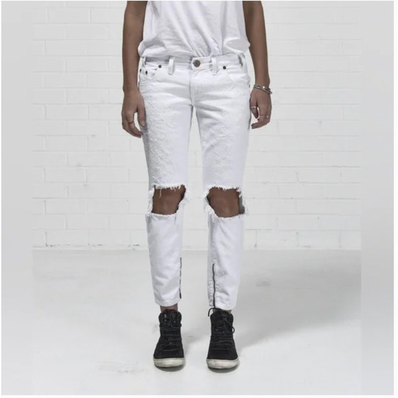 ONE Teaspoon Jeans 27 White Denim Trashed Free Birds Low Waist Skinny Ankle Zip - Picture 6 of 12